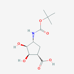 molecular formula C11H19NO6 B2840186 (1S,2R,3S,4R)-2,3-Dihydroxy-4-[(2-methylpropan-2-yl)oxycarbonylamino]cyclopentane-1-carboxylic acid CAS No. 1053703-38-0