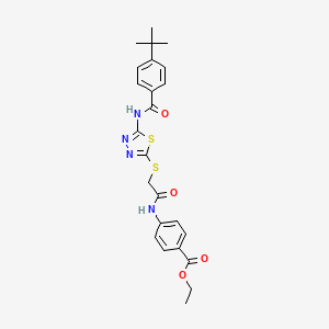 molecular formula C24H26N4O4S2 B2840203 Ethyl 4-[[2-[[5-[(4-tert-butylbenzoyl)amino]-1,3,4-thiadiazol-2-yl]sulfanyl]acetyl]amino]benzoate CAS No. 392293-26-4