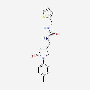 molecular formula C18H21N3O2S B2840337 1-((5-Oxo-1-(p-tolyl)pyrrolidin-3-yl)methyl)-3-(thiophen-2-ylmethyl)urea CAS No. 954660-48-1
