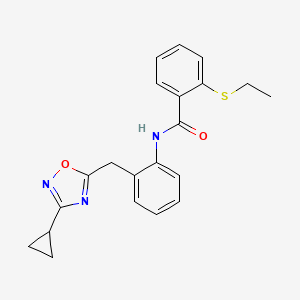 molecular formula C21H21N3O2S B2840378 N-(2-((3-cyclopropyl-1,2,4-oxadiazol-5-yl)methyl)phenyl)-2-(ethylthio)benzamide CAS No. 1797858-14-0