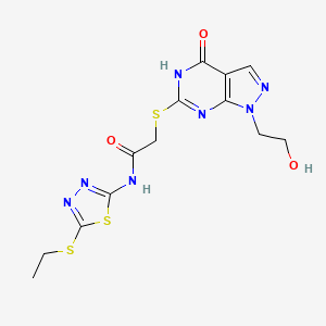 molecular formula C13H15N7O3S3 B2840438 N-(5-(ethylthio)-1,3,4-thiadiazol-2-yl)-2-((1-(2-hydroxyethyl)-4-oxo-4,5-dihydro-1H-pyrazolo[3,4-d]pyrimidin-6-yl)thio)acetamide CAS No. 932514-16-4