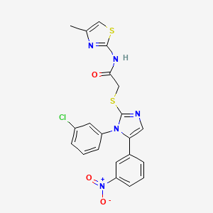 molecular formula C21H16ClN5O3S2 B2840448 2-((1-(3-氯苯基)-5-(3-硝基苯基)-1H-咪唑-2-基)硫代)-N-(4-甲基噻唑-2-基)乙酰胺 CAS No. 1235092-40-6