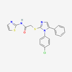 molecular formula C20H15ClN4OS2 B2840457 2-((1-(4-chlorophenyl)-5-phenyl-1H-imidazol-2-yl)thio)-N-(thiazol-2-yl)acetamide CAS No. 1226455-41-9