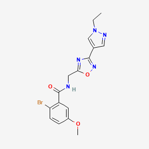 molecular formula C16H16BrN5O3 B2840462 2-bromo-N-((3-(1-ethyl-1H-pyrazol-4-yl)-1,2,4-oxadiazol-5-yl)methyl)-5-methoxybenzamide CAS No. 2034515-40-5