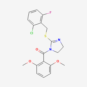 molecular formula C19H18ClFN2O3S B2840512 (2-((2-chloro-6-fluorobenzyl)thio)-4,5-dihydro-1H-imidazol-1-yl)(2,6-dimethoxyphenyl)methanone CAS No. 851802-82-9