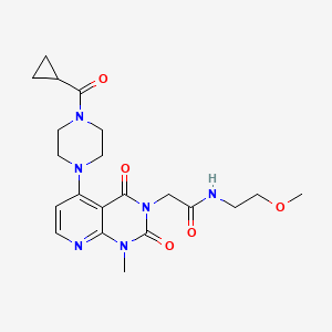 molecular formula C21H28N6O5 B2840526 2-(5-(4-(cyclopropanecarbonyl)piperazin-1-yl)-1-methyl-2,4-dioxo-1,2-dihydropyrido[2,3-d]pyrimidin-3(4H)-yl)-N-(2-methoxyethyl)acetamide CAS No. 1021026-33-4