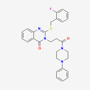 molecular formula C28H27FN4O2S B2840527 2-[(2-Fluorophenyl)methylsulfanyl]-3-[3-oxo-3-(4-phenylpiperazin-1-yl)propyl]quinazolin-4-one CAS No. 451464-02-1