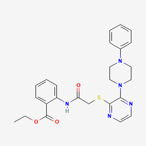 molecular formula C25H27N5O3S B2840539 Ethyl 2-(2-((3-(4-phenylpiperazin-1-yl)pyrazin-2-yl)thio)acetamido)benzoate CAS No. 1030087-61-6