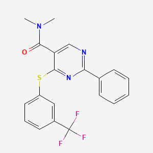 molecular formula C20H16F3N3OS B2840578 N,N-二甲基-2-苯基-4-{[3-(三氟甲基)苯基]硫醇}-5-嘧啶基甲酰胺 CAS No. 477859-53-3