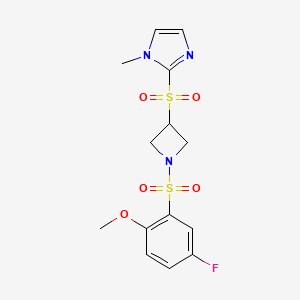 molecular formula C14H16FN3O5S2 B2840605 2-((1-((5-氟-2-甲氧基苯基)磺酰)吖唑-3-基)磺酰)-1-甲基-1H-咪唑 CAS No. 2034430-07-2