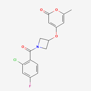molecular formula C16H13ClFNO4 B2840611 4-((1-(2-chloro-4-fluorobenzoyl)azetidin-3-yl)oxy)-6-methyl-2H-pyran-2-one CAS No. 1795363-11-9