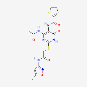 molecular formula C17H16N6O5S2 B2840613 N-(4-acetamido-2-((2-((5-methylisoxazol-3-yl)amino)-2-oxoethyl)thio)-6-oxo-1,6-dihydropyrimidin-5-yl)thiophene-2-carboxamide CAS No. 872608-99-6