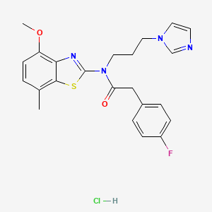 molecular formula C23H24ClFN4O2S B2840623 N-(3-(1H-咪唑-1-基)丙基)-2-(4-氟苯基)-N-(4-甲氧基-7-甲基苯并[d]噻唑-2-基)乙酰胺盐酸盐 CAS No. 1216842-71-5