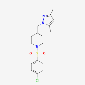 molecular formula C17H22ClN3O2S B2840667 1-((4-氯苯基)磺酰)-4-((3,5-二甲基-1H-吡唑-1-基)甲基)哌啶 CAS No. 1396805-88-1