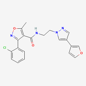 molecular formula C20H17ClN4O3 B2840672 3-(2-chlorophenyl)-N-(2-(4-(furan-3-yl)-1H-pyrazol-1-yl)ethyl)-5-methylisoxazole-4-carboxamide CAS No. 2034377-19-8