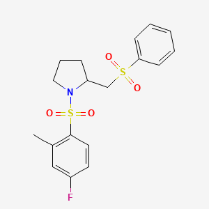 molecular formula C18H20FNO4S2 B2840695 1-((4-Fluoro-2-methylphenyl)sulfonyl)-2-((phenylsulfonyl)methyl)pyrrolidine CAS No. 1448026-87-6