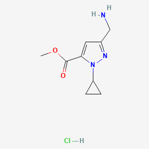molecular formula C9H14ClN3O2 B2840707 甲基5-(氨甲基)-2-环丙基吡唑-3-甲酸乙酯;盐酸盐 CAS No. 2391987-08-7