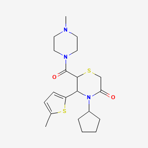 molecular formula C20H29N3O2S2 B2840737 4-Cyclopentyl-6-(4-methylpiperazine-1-carbonyl)-5-(5-methylthiophen-2-yl)thiomorpholin-3-one CAS No. 2320923-98-4