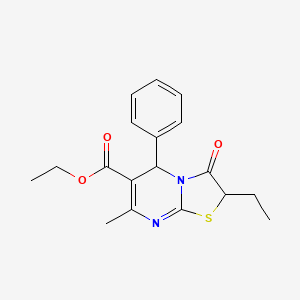 molecular formula C18H20N2O3S B2840752 乙酸乙酯 2-乙基-7-甲基-3-氧代-5-苯基-2,3-二氢-5H-[1,3]噻唑并[3,2-a]嘧啶-6-羧酸酯 CAS No. 123044-05-3