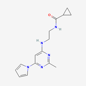 molecular formula C15H19N5O B2840840 N-(2-((2-methyl-6-(1H-pyrrol-1-yl)pyrimidin-4-yl)amino)ethyl)cyclopropanecarboxamide CAS No. 1396715-96-0
