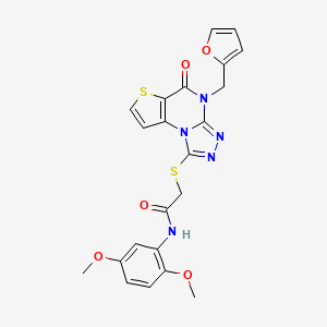 molecular formula C22H19N5O5S2 B2840846 N-(2,5-dimethoxyphenyl)-2-((4-(furan-2-ylmethyl)-5-oxo-4,5-dihydrothieno[2,3-e][1,2,4]triazolo[4,3-a]pyrimidin-1-yl)thio)acetamide CAS No. 1243061-84-8