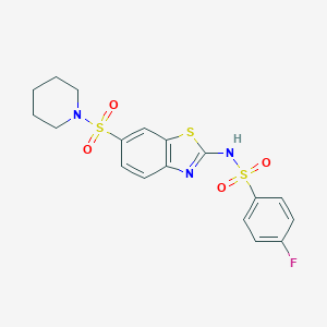 molecular formula C18H18FN3O4S3 B284085 4-fluoro-N-[6-(1-piperidinylsulfonyl)-1,3-benzothiazol-2-yl]benzenesulfonamide 