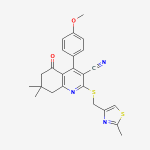 molecular formula C24H23N3O2S2 B2840949 4-(4-Methoxyphenyl)-7,7-dimethyl-2-(((2-methylthiazol-4-yl)methyl)thio)-5-oxo-5,6,7,8-tetrahydroquinoline-3-carbonitrile CAS No. 892214-49-2