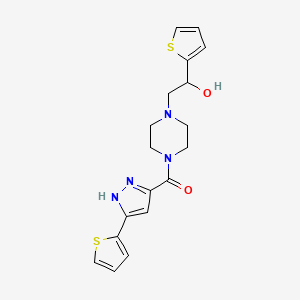 molecular formula C18H20N4O2S2 B2840970 (4-(2-hydroxy-2-(thiophen-2-yl)ethyl)piperazin-1-yl)(3-(thiophen-2-yl)-1H-pyrazol-5-yl)methanone CAS No. 1298055-51-2