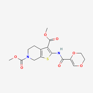 molecular formula C16H18N2O7S B2841003 dimethyl 2-(5,6-dihydro-1,4-dioxine-2-carboxamido)-4,5-dihydrothieno[2,3-c]pyridine-3,6(7H)-dicarboxylate CAS No. 886941-88-4