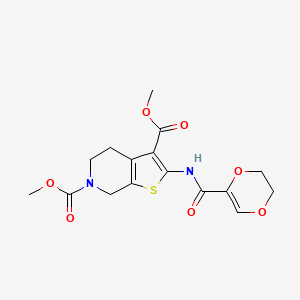 molecular formula C16H18N2O7S B2841003 二甲基-2-(5,6-二氢-1,4-二氧杂环戊二烯-2-基甲酰胺)-4,5-二氢噻吩-3,6(7H)-二羧酸二甲酯 CAS No. 886941-88-4