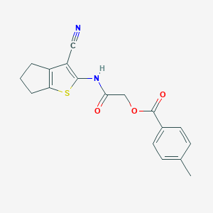 molecular formula C18H16N2O3S B284101 4-Methyl-benzoic acid (3-cyano-5,6-dihydro-4H-cyclopenta[b]thiophen-2-ylcarbamoyl)-methyl ester 