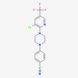molecular formula C17H14ClF3N4 B2841066 4-{4-[3-Chloro-5-(trifluoromethyl)-2-pyridinyl]piperazino}benzenecarbonitrile CAS No. 338979-20-7