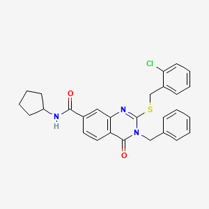 molecular formula C28H26ClN3O2S B2841077 3-benzyl-2-((2-chlorobenzyl)thio)-N-cyclopentyl-4-oxo-3,4-dihydroquinazoline-7-carboxamide CAS No. 1115313-65-9