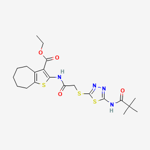 molecular formula C21H28N4O4S3 B2841078 ethyl 2-(2-((5-pivalamido-1,3,4-thiadiazol-2-yl)thio)acetamido)-5,6,7,8-tetrahydro-4H-cyclohepta[b]thiophene-3-carboxylate CAS No. 477594-73-3