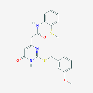 molecular formula C21H21N3O3S2 B2841166 2-(2-((3-methoxybenzyl)thio)-6-oxo-1,6-dihydropyrimidin-4-yl)-N-(2-(methylthio)phenyl)acetamide CAS No. 1105237-64-6