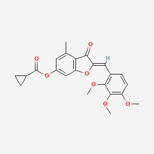 molecular formula C23H22O7 B2841235 (Z)-4-甲基-3-氧代-2-(2,3,4-三甲氧基苯甲亚甲基)-2,3-二氢苯并呋喃-6-基环丙烷羧酸酯 CAS No. 903186-39-0