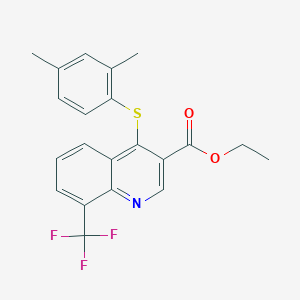 molecular formula C21H18F3NO2S B2841278 Ethyl 4-[(2,4-dimethylphenyl)sulfanyl]-8-(trifluoromethyl)-3-quinolinecarboxylate CAS No. 477847-17-9