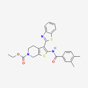molecular formula C26H25N3O3S2 B2841289 乙酸-3-(苯并[d]噻唑-2-基)-2-(3,4-二甲基苯甲酰胺)-4,5-二氢噻吩并[2,3-c]吡啶-6(7H)-羧酸乙酯 CAS No. 887889-16-9