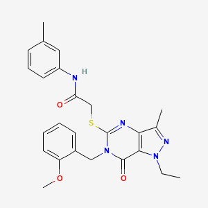 molecular formula C25H27N5O3S B2841295 2-((1-乙基-6-(2-甲氧基苄基)-3-甲基-7-氧代-6,7-二氢-1H-吡唑并[4,3-d]嘧啶-5-基)硫基)-N-(间甲苯基)乙酰胺 CAS No. 1359446-30-2