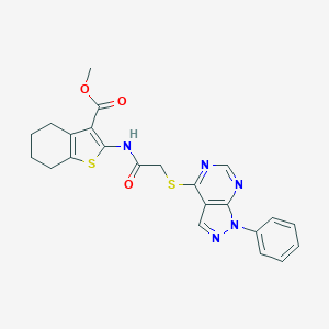 molecular formula C23H21N5O3S2 B284130 methyl 2-({[(1-phenyl-1H-pyrazolo[3,4-d]pyrimidin-4-yl)sulfanyl]acetyl}amino)-4,5,6,7-tetrahydro-1-benzothiophene-3-carboxylate 