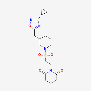 molecular formula C18H26N4O5S B2841311 1-(2-((3-((3-Cyclopropyl-1,2,4-oxadiazol-5-yl)methyl)piperidin-1-yl)sulfonyl)ethyl)piperidine-2,6-dione CAS No. 1705765-36-1