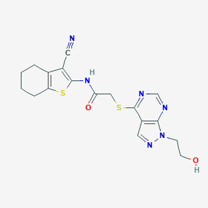 molecular formula C18H18N6O2S2 B284135 N-(3-cyano-4,5,6,7-tetrahydro-1-benzothien-2-yl)-2-{[1-(2-hydroxyethyl)-1H-pyrazolo[3,4-d]pyrimidin-4-yl]sulfanyl}acetamide 