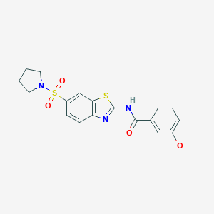molecular formula C19H19N3O4S2 B284141 3-methoxy-N-[6-(1-pyrrolidinylsulfonyl)-1,3-benzothiazol-2-yl]benzamide 