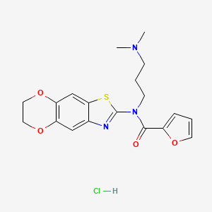 molecular formula C19H22ClN3O4S B2841430 N-(6,7-dihydro-[1,4]dioxino[2',3':4,5]benzo[1,2-d]thiazol-2-yl)-N-(3-(dimethylamino)propyl)furan-2-carboxamide hydrochloride CAS No. 1321857-12-8