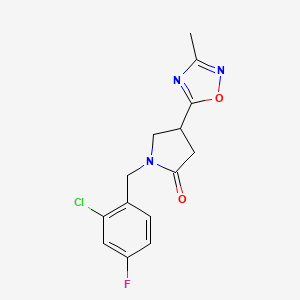 molecular formula C14H13ClFN3O2 B2841436 1-(2-Chloro-4-fluorobenzyl)-4-(3-methyl-1,2,4-oxadiazol-5-yl)pyrrolidin-2-one CAS No. 1172264-02-6