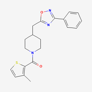 molecular formula C20H21N3O2S B2841439 1-[(3-Methyl-2-thienyl)carbonyl]-4-[(3-phenyl-1,2,4-oxadiazol-5-yl)methyl]piperidine CAS No. 1775467-49-6