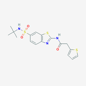 molecular formula C17H19N3O3S3 B284145 N-{6-[(tert-butylamino)sulfonyl]-1,3-benzothiazol-2-yl}-2-(2-thienyl)acetamide 