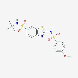 molecular formula C18H21N3O5S3 B284147 N-(tert-butyl)-2-{[(4-methoxyphenyl)sulfonyl]amino}-1,3-benzothiazole-6-sulfonamide 