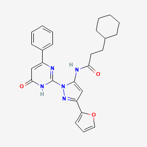 3-Cyclohexyl-N-(3-(furan-2-yl)-1-(6-oxo-4-phenyl-1,6-dihydropyrimidin-2-yl)-1H-pyrazol-5-yl)propanamide