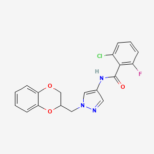 molecular formula C19H15ClFN3O3 B2841518 2-chloro-N-(1-((2,3-dihydrobenzo[b][1,4]dioxin-2-yl)methyl)-1H-pyrazol-4-yl)-6-fluorobenzamide CAS No. 1797336-12-9